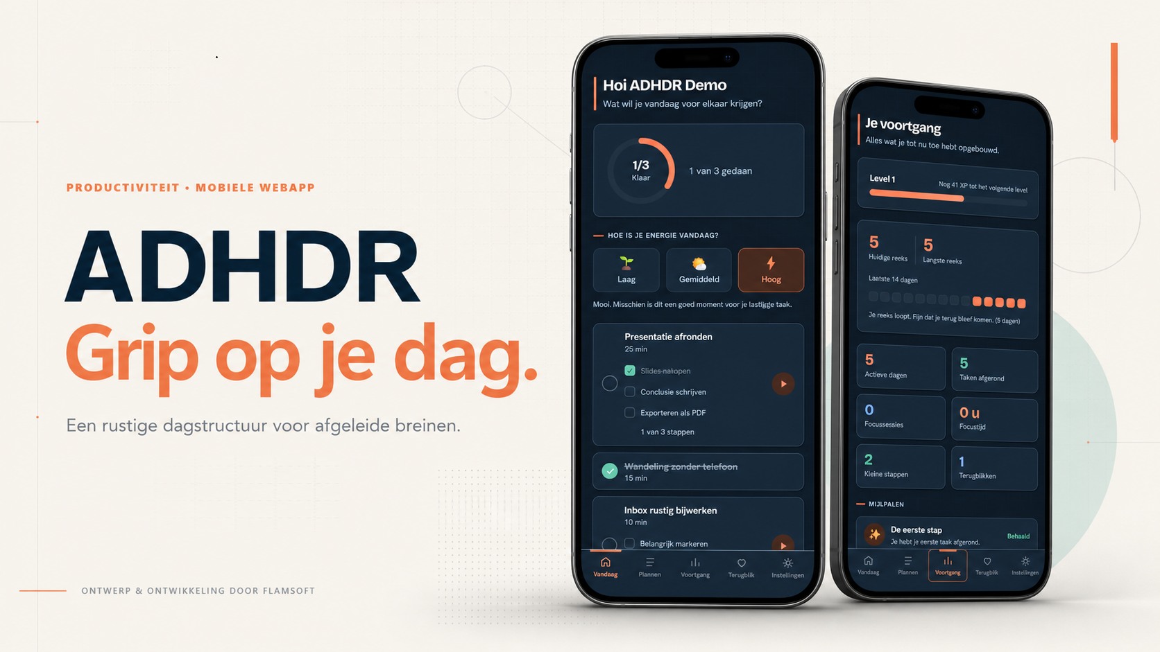 ADHDR promotiebeeld met het Vandaag-scherm en de voortgangsweergave op twee telefoons