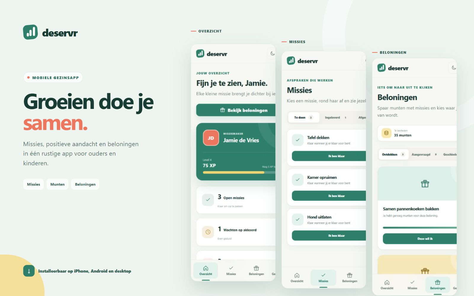 Deservr gezinsapp met mobiele schermen voor overzicht, missies en beloningen