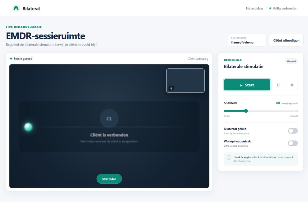 Behandelaaromgeving van de EMDR Therapie Tool met videoruimte en bediening voor bilaterale stimulatie