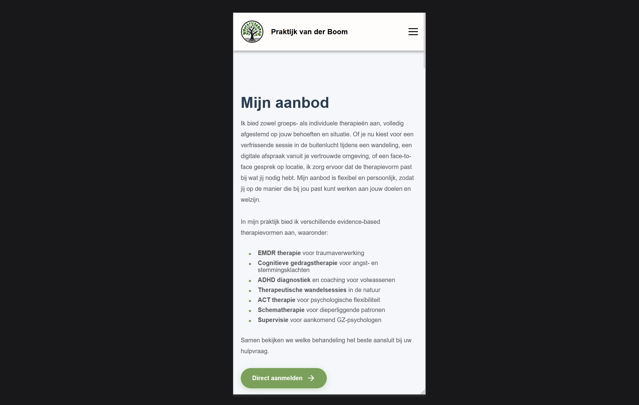 Mobile weergave van de website