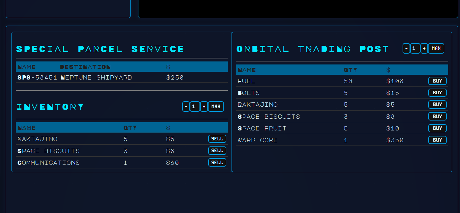 Marktscherm Space Trader
