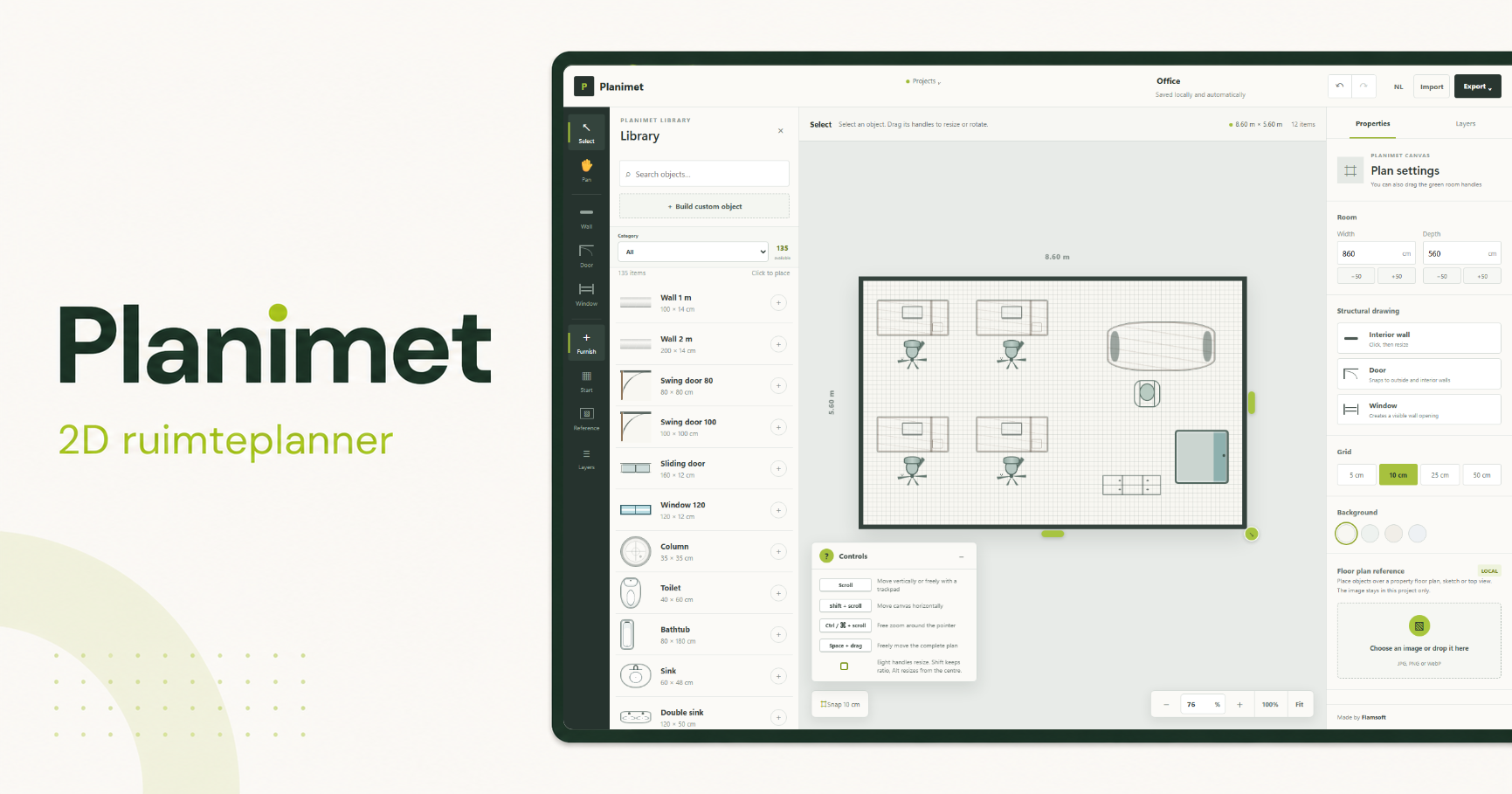 Planimet 2D-ruimteplanner met een uitgewerkte woningplattegrond en objectbibliotheek