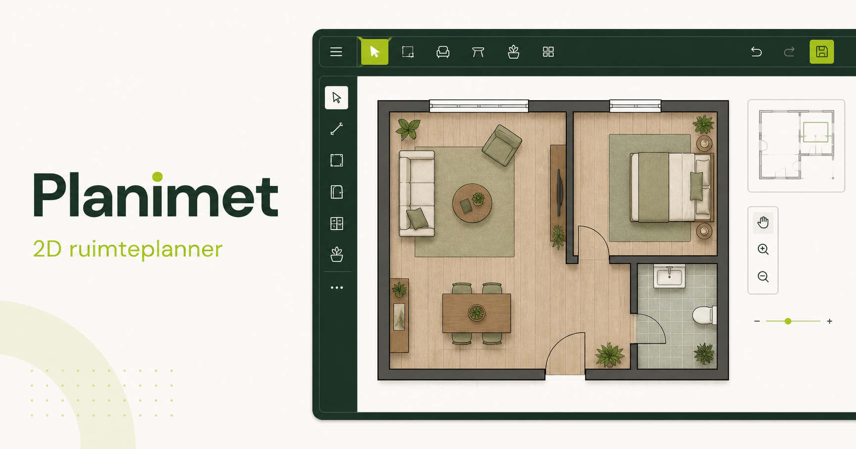 Planimet 2D-ruimteplanner met een uitgewerkte woningplattegrond en objectbibliotheek