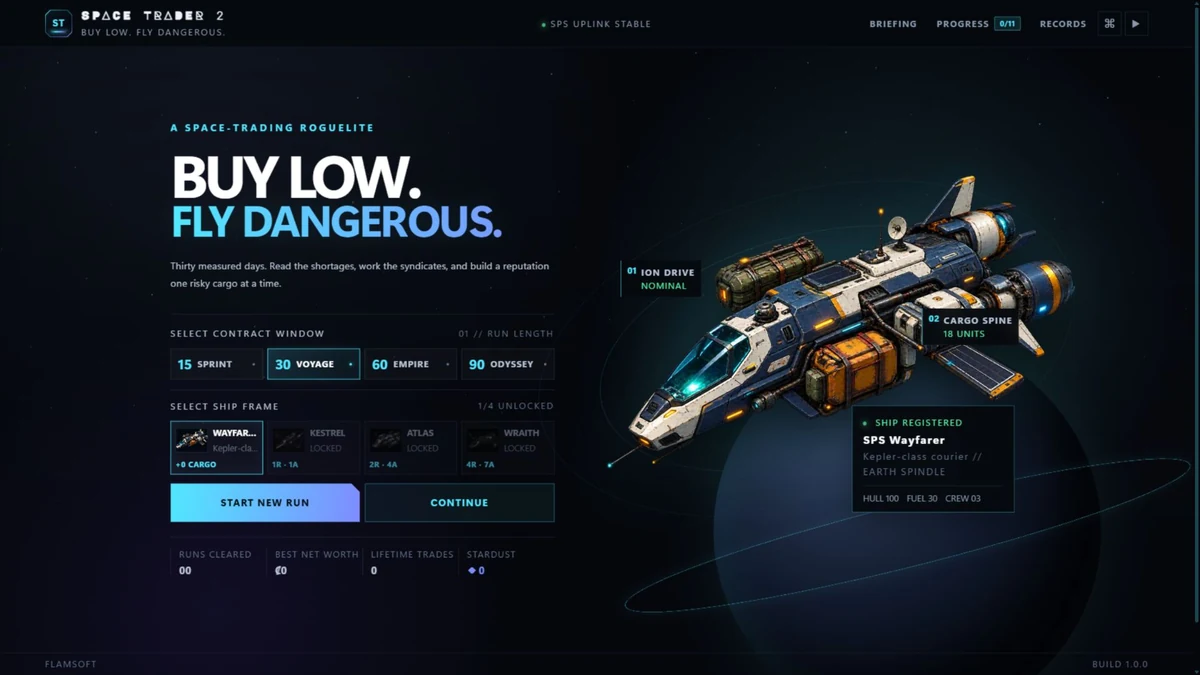 Startscherm van Space Trader 2 met contractkeuze en het ruimteschip SPS Wayfarer