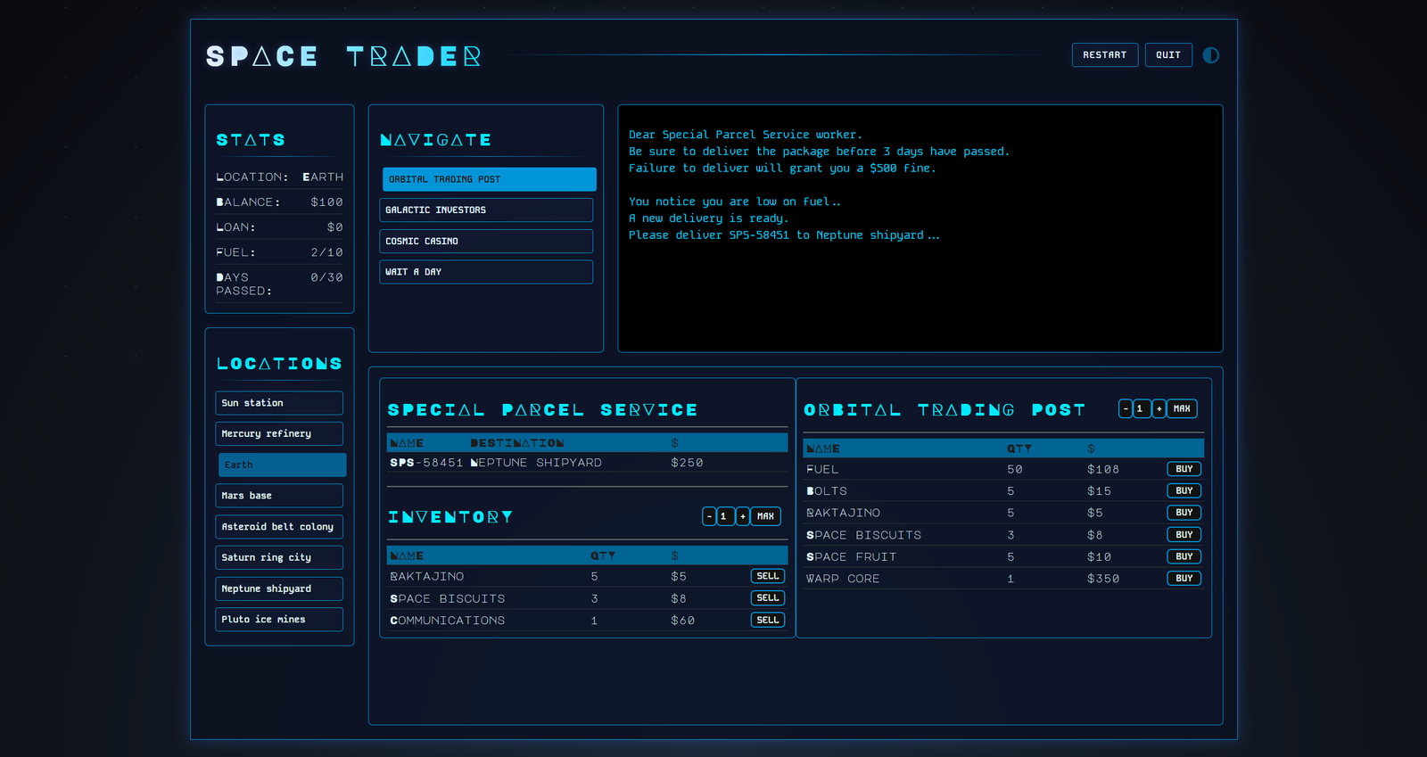Schermafbeelding van de browsergame Space Trader